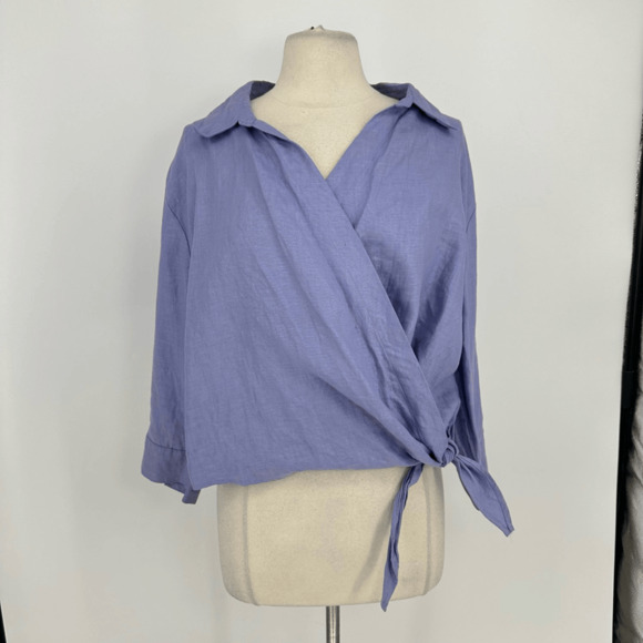 Valerie Stevens Womens 100% linen Wrap Blouse XL 3/4 Sleeve Purple Front Tie - Picture 11 of 11